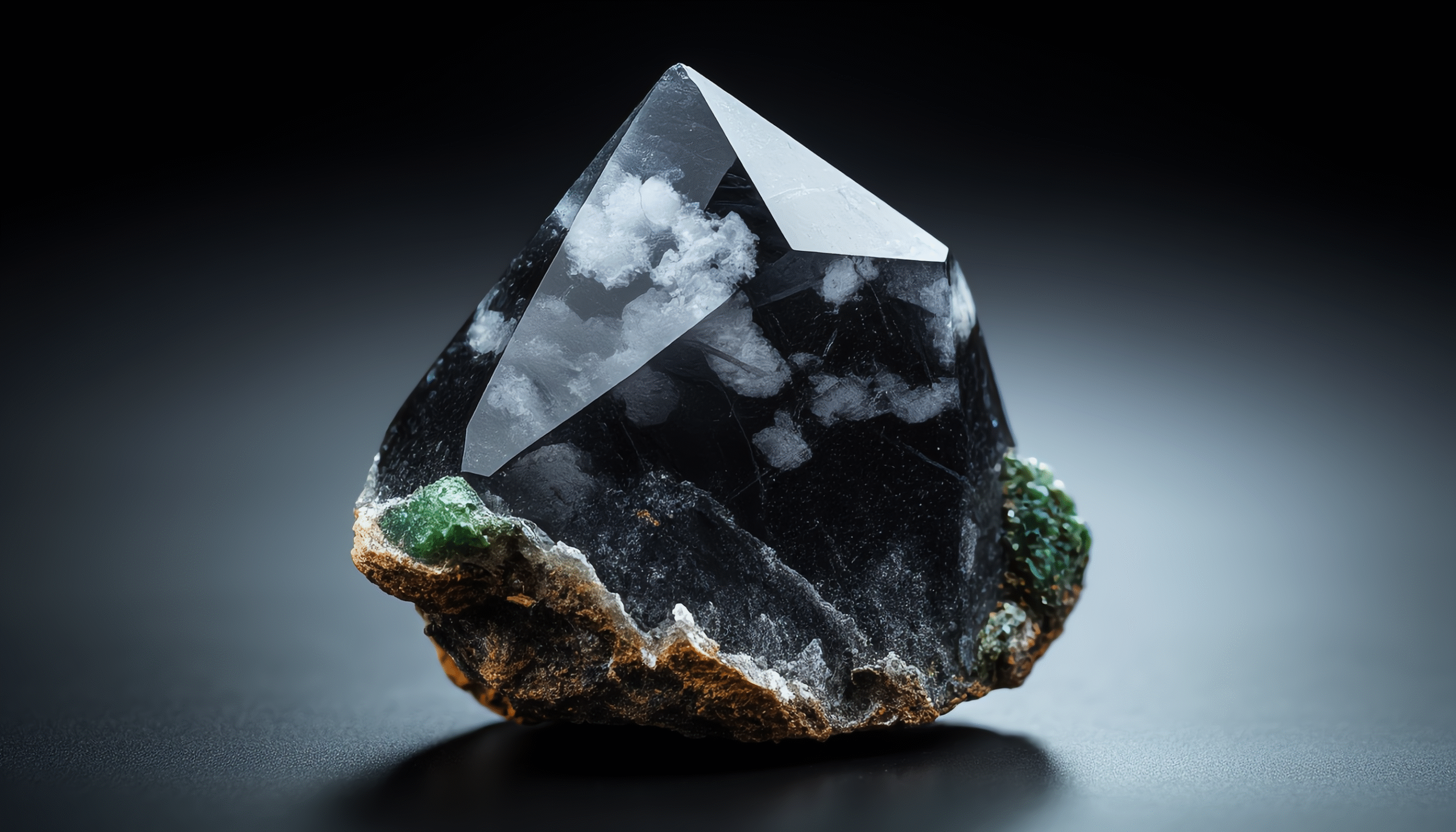 Faceted Black Crystal, Mineral with Inclusions, Dark Mineral Matrix, Studio Mineral Photography, High Contrast Mineral Specimen, Black Gem on Matrix, Textured Mineral Base, Dramatic Crystal Lighting, Aesthetic Mineral Display, Black Crystal White Inclusions,