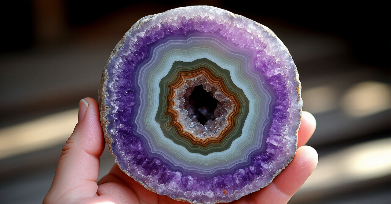 A Macro Study of an Amethyst Geode Slice Held in the Hand of Time