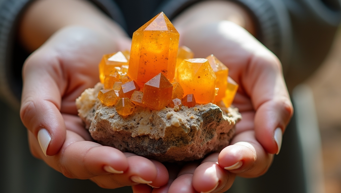Hand Holding a Large Orange Crystal Cluster on Rock Matrix