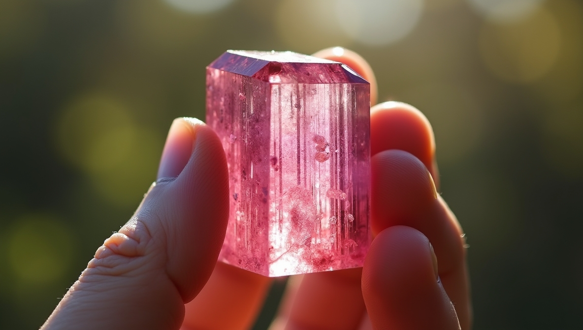 Close-up of a Large Pink Raw Tourmaline Crystal Held in Hand