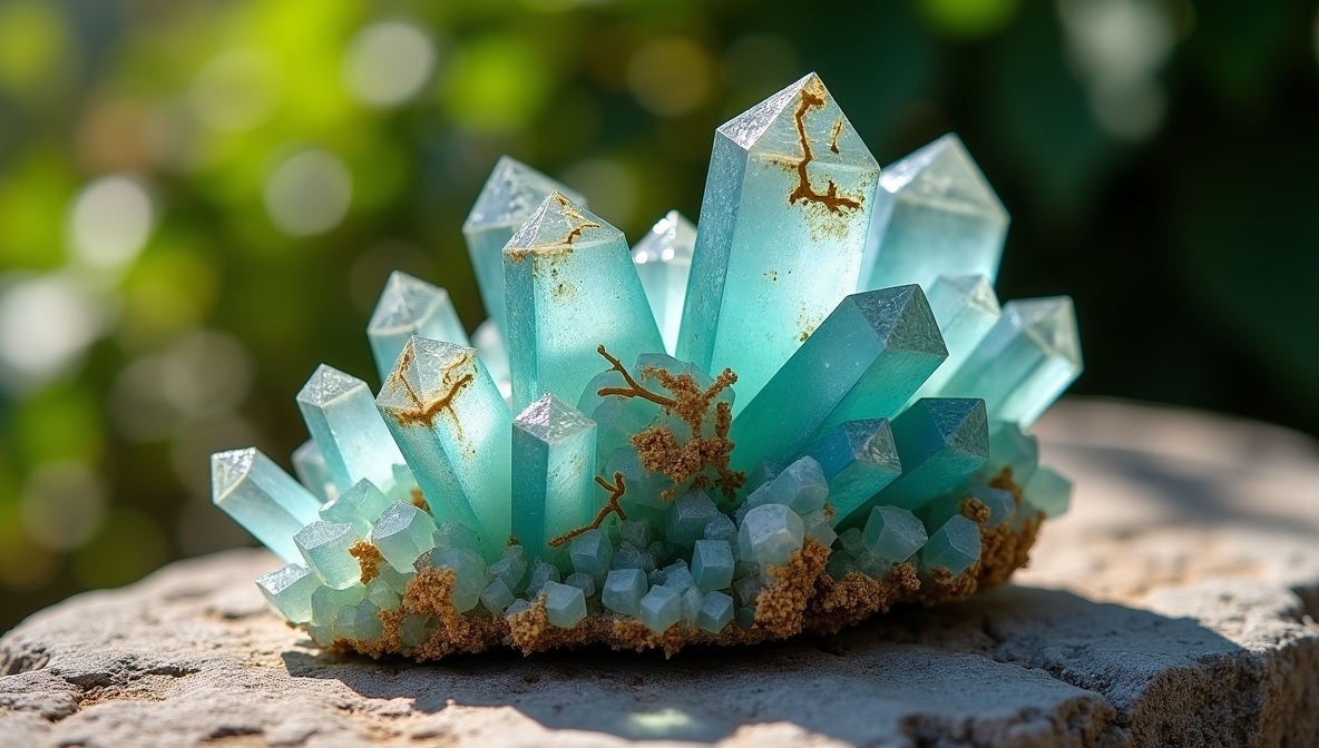 Large Aquamarine Crystal with Intricate Inclusions in Sunlight