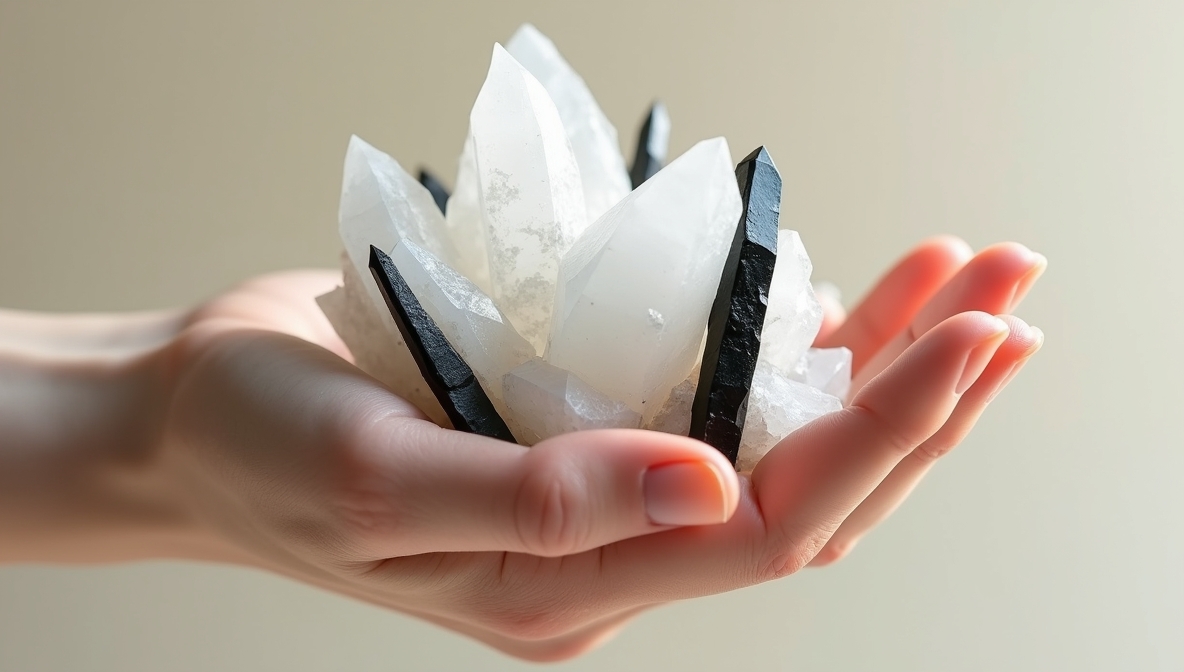 Quartz Crystal Cluster Accented by Jet-Black Tourmaline, Held in Hand