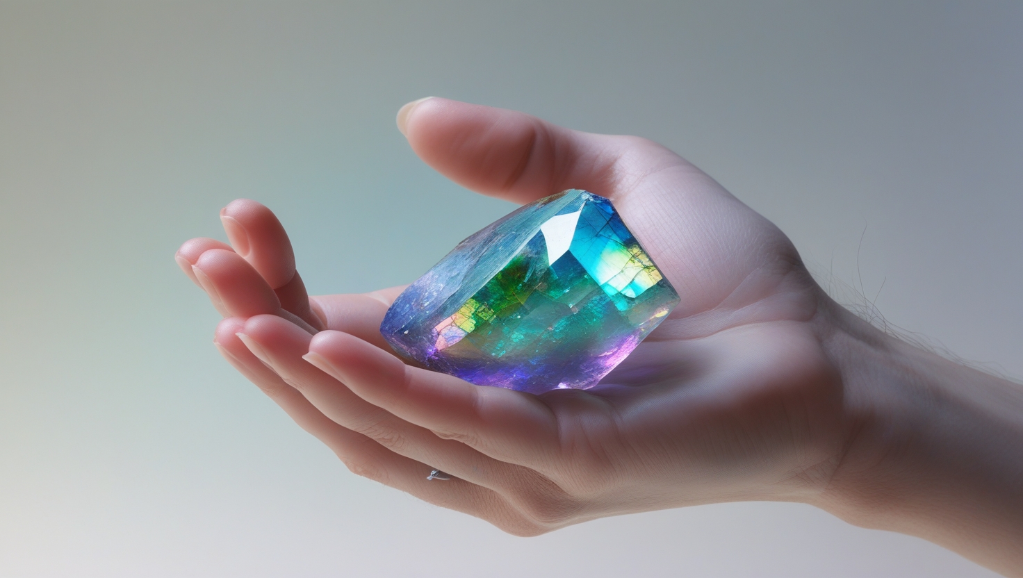 A Close-up Look at a Hand Holding an Iridescent Mineral Specimen