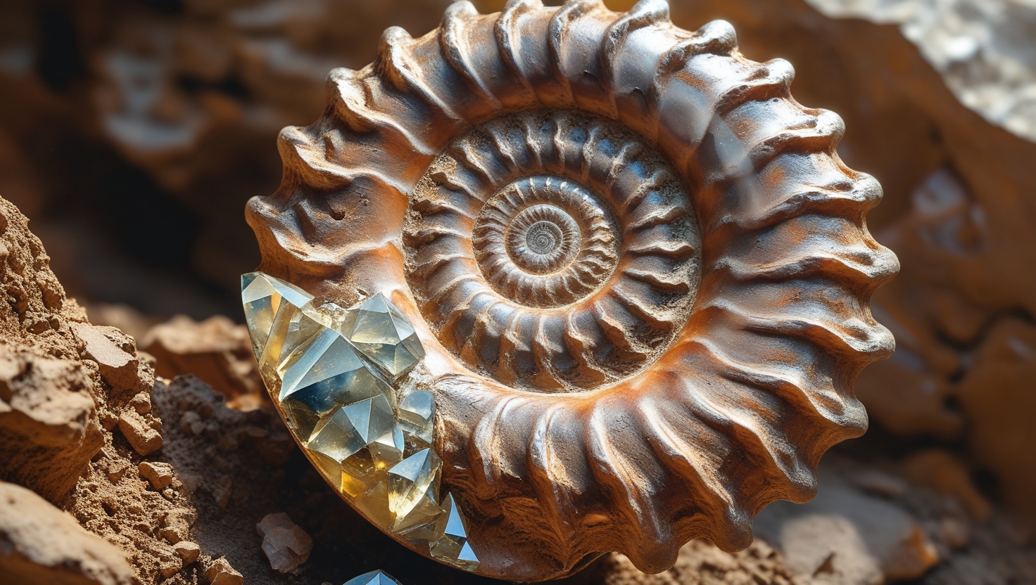 Close-Up on a Stunning Fossilized Ammonite in Matrix with Crystal