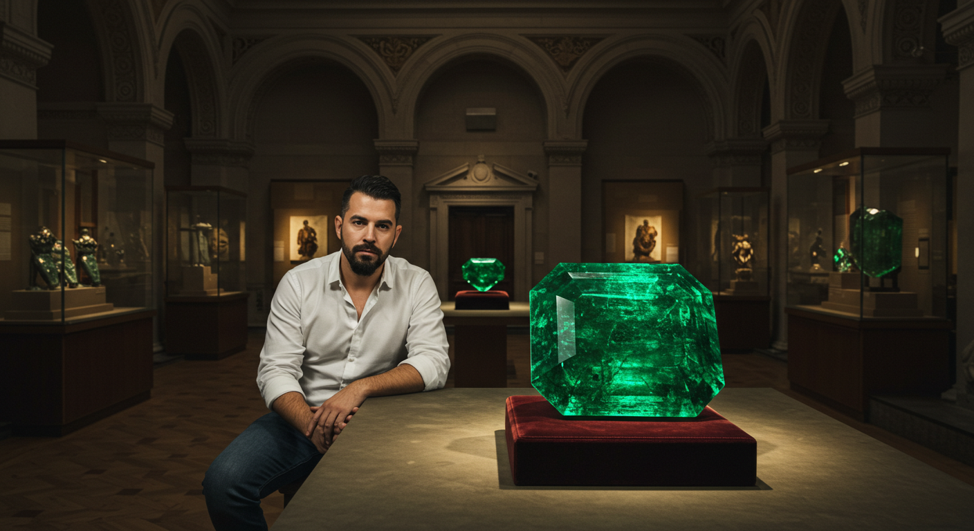 Crystal. Magic Gold. Vibes. Golden. Gems tones. Natural. Jewelry. Crystal go free direct links A man sitting at a table in a museum, with a giant emerald on the table in front of him.