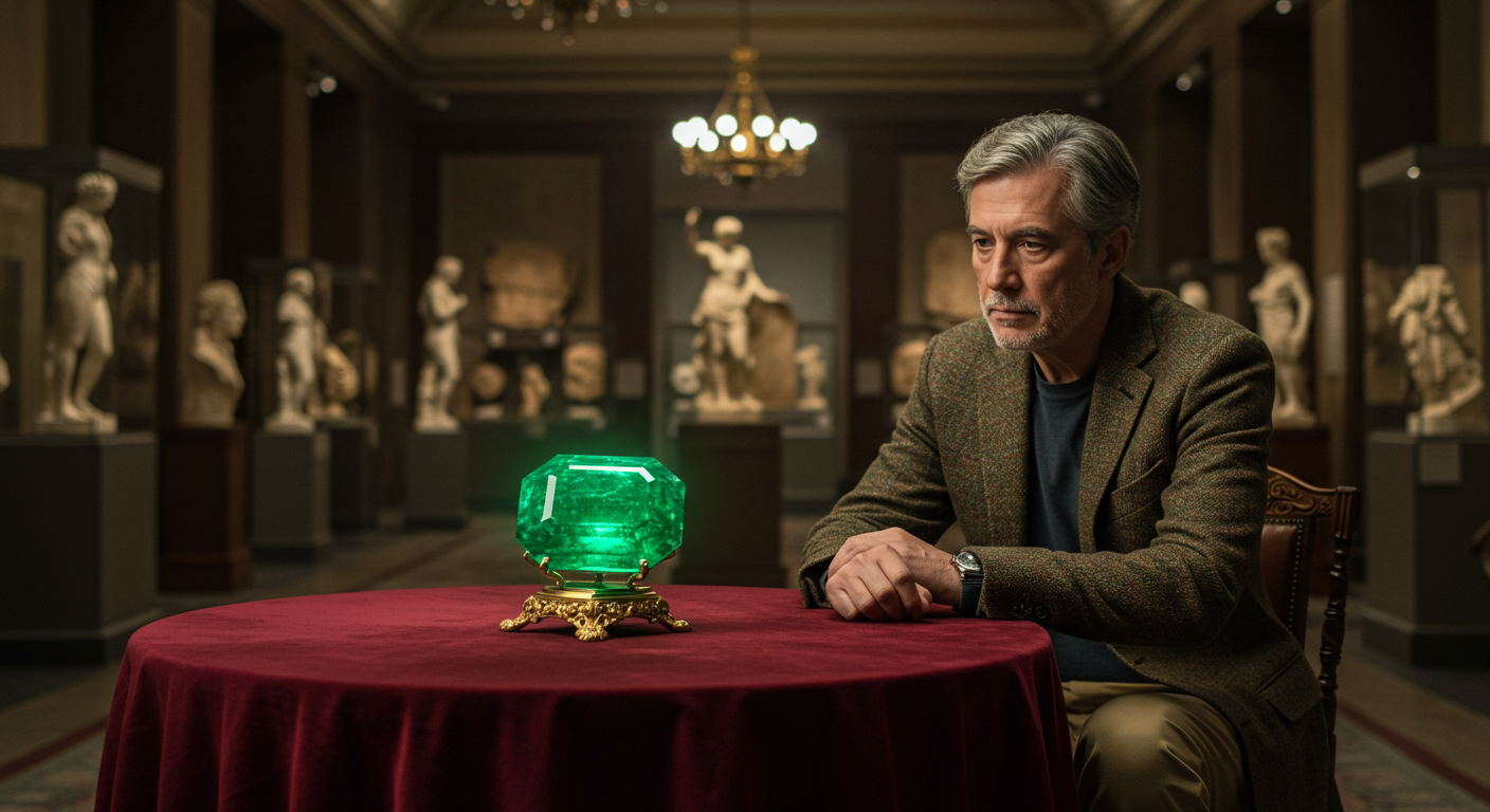 Crystal. Magic Gold. Vibes. Golden. Gems tones. Natural. Jewelry. Crystal go free direct links A man sitting at a table in a museum, with a giant emerald on the table in front of him.