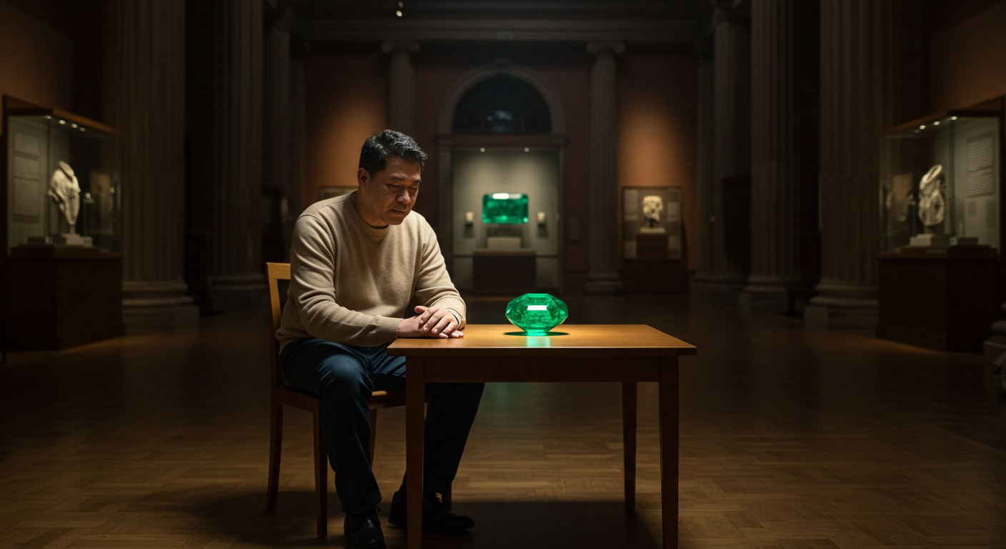 Crystal. Magic Gold. Vibes. Golden. Gems tones. Natural. Jewelry. Crystal go free direct links A man sitting at a table in a museum, with a giant emerald on the table in front of him.